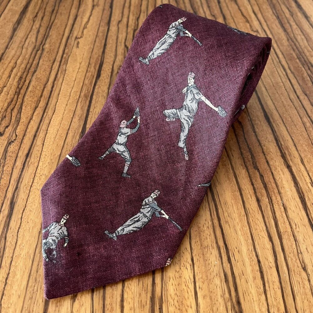 Vintage Sims Ltd 100% Linen Hand Made Tie Baseball Plum